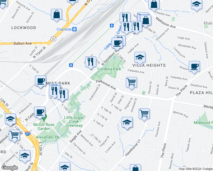 map of restaurants, bars, coffee shops, grocery stores, and more near 820 Parkwood Avenue in Charlotte