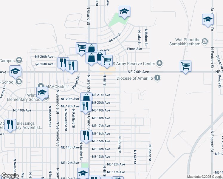 map of restaurants, bars, coffee shops, grocery stores, and more near 3999 Northeast 22nd Avenue in Amarillo