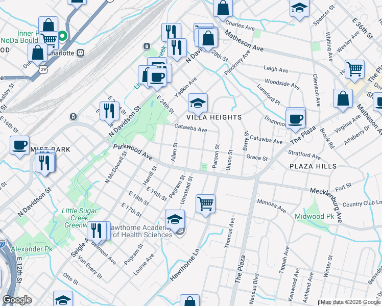 map of restaurants, bars, coffee shops, grocery stores, and more near 1901 Pegram Street in Charlotte