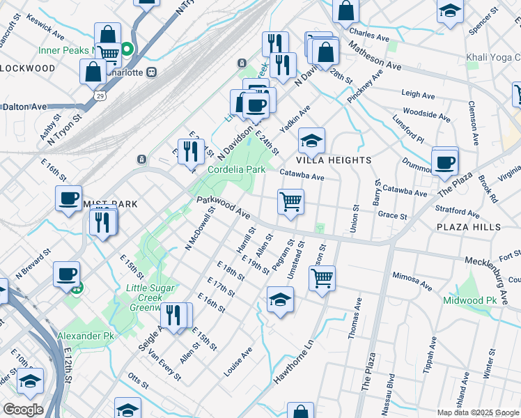 map of restaurants, bars, coffee shops, grocery stores, and more near 1009 Grace Street in Charlotte