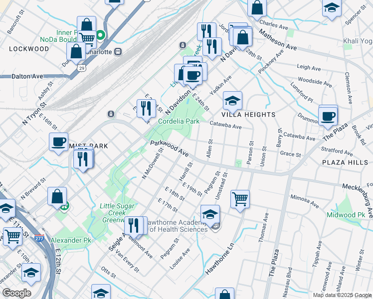 map of restaurants, bars, coffee shops, grocery stores, and more near 1812 Seigle Avenue in Charlotte