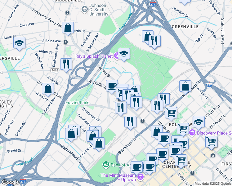 map of restaurants, bars, coffee shops, grocery stores, and more near 900w West Trade Street in Charlotte