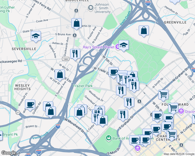 map of restaurants, bars, coffee shops, grocery stores, and more near in Charlotte