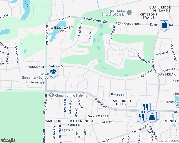 map of restaurants, bars, coffee shops, grocery stores, and more near 6170 Daybreak Drive in Bartlett
