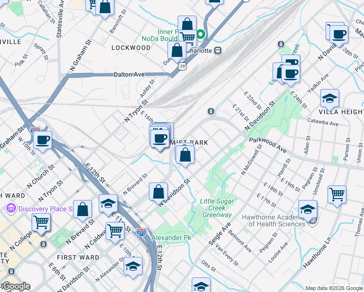 map of restaurants, bars, coffee shops, grocery stores, and more near 408 East 16th Street in Charlotte