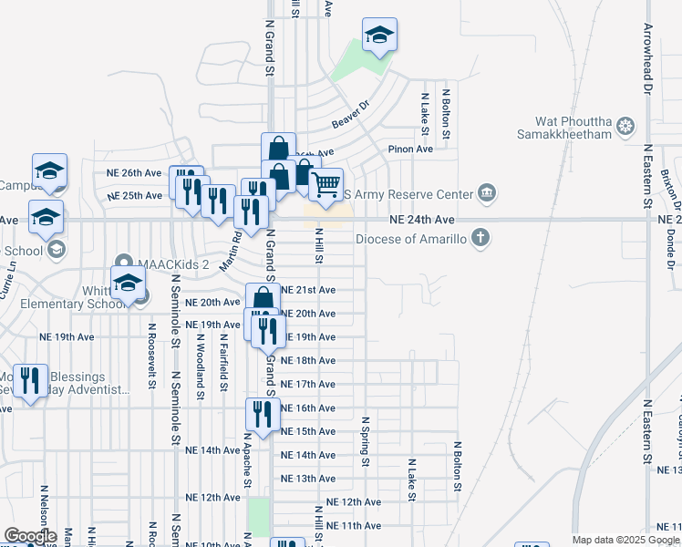 map of restaurants, bars, coffee shops, grocery stores, and more near 3999 Northeast 22nd Avenue in Amarillo