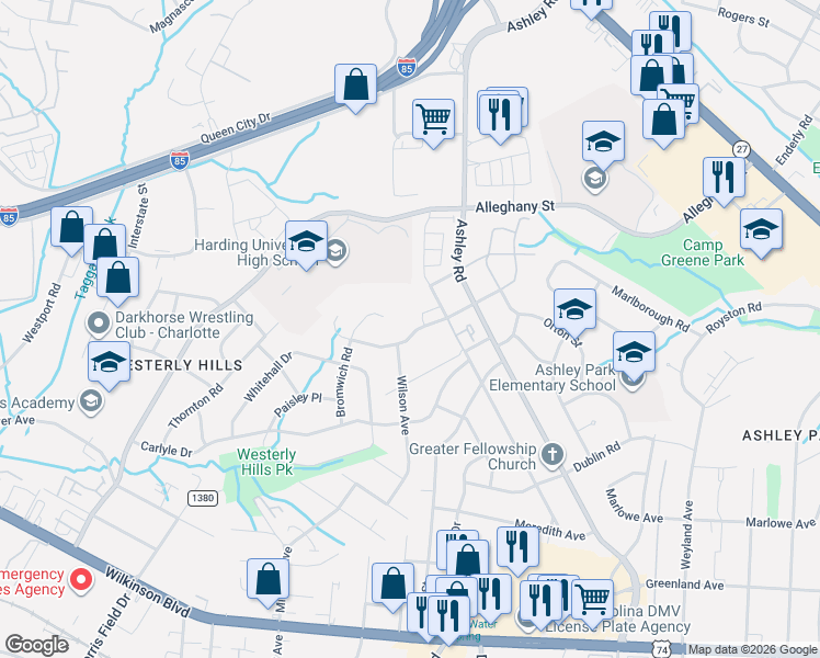 map of restaurants, bars, coffee shops, grocery stores, and more near in Charlotte