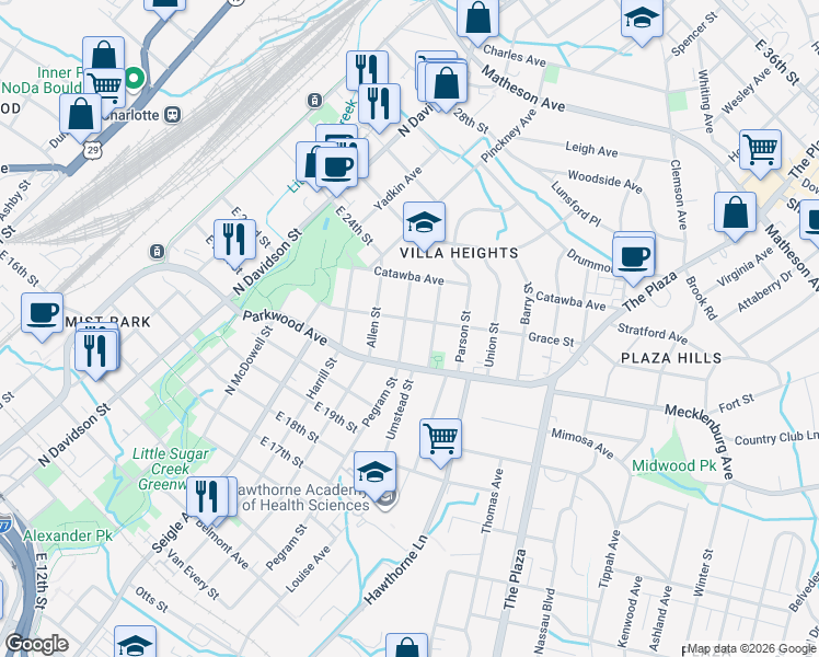 map of restaurants, bars, coffee shops, grocery stores, and more near 1901 Pegram Street in Charlotte