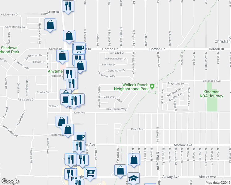 map of restaurants, bars, coffee shops, grocery stores, and more near 2022 Jimmy Stewart Drive in Kingman