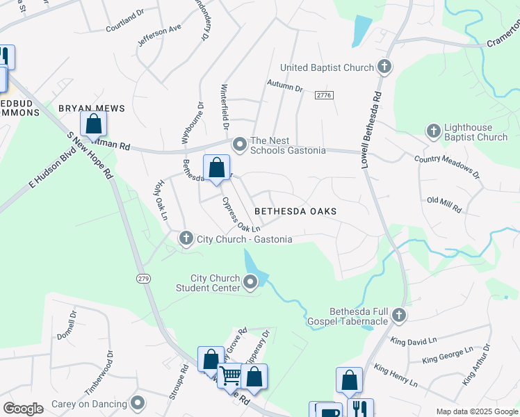 map of restaurants, bars, coffee shops, grocery stores, and more near 2567 Bethesda Oaks Drive in Gastonia