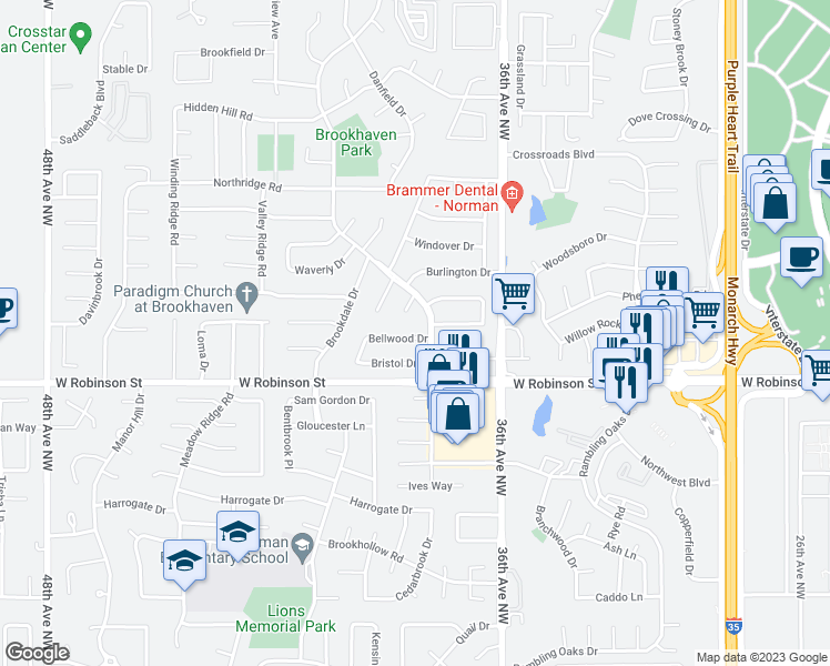 map of restaurants, bars, coffee shops, grocery stores, and more near 3811 Bellwood Drive in Norman