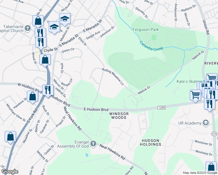 map of restaurants, bars, coffee shops, grocery stores, and more near 1668 Greenview Drive in Gastonia