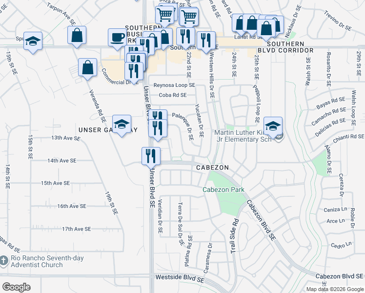 map of restaurants, bars, coffee shops, grocery stores, and more near 1457 Reynosa Loop Southeast in Rio Rancho