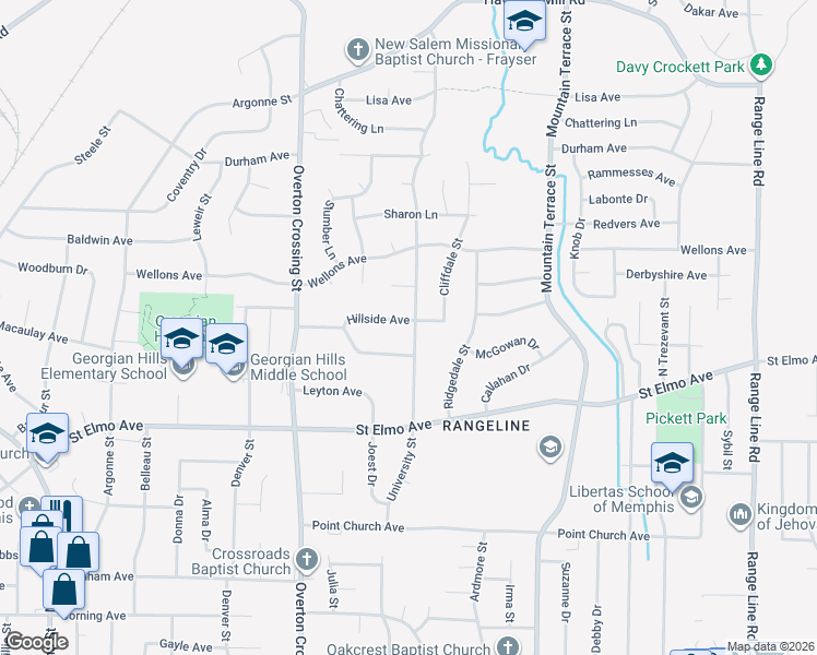 map of restaurants, bars, coffee shops, grocery stores, and more near 2228 Hillside Avenue in Memphis