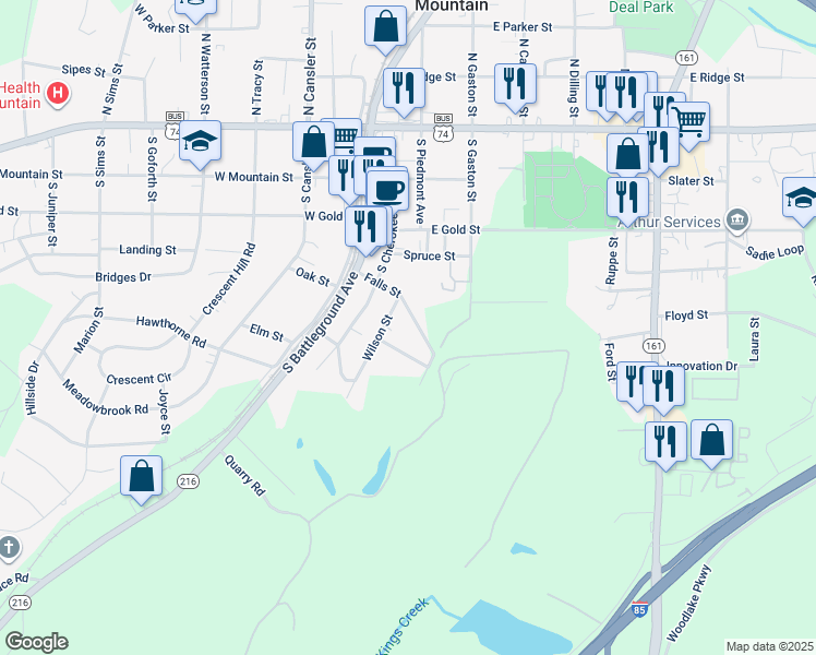 map of restaurants, bars, coffee shops, grocery stores, and more near 405 Wilson Street in Kings Mountain
