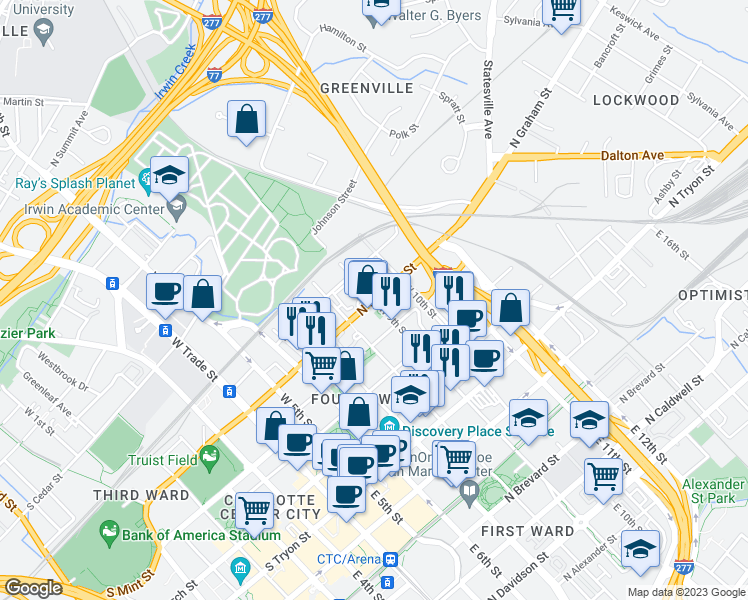 map of restaurants, bars, coffee shops, grocery stores, and more near N Graham St & W 9th St in Charlotte