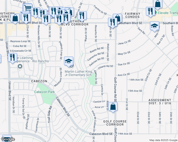 map of restaurants, bars, coffee shops, grocery stores, and more near 1344 Walsh Street Southeast in Rio Rancho
