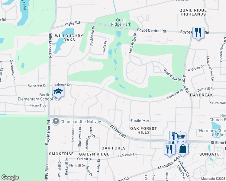 map of restaurants, bars, coffee shops, grocery stores, and more near 6220 Daybreak Drive in Bartlett