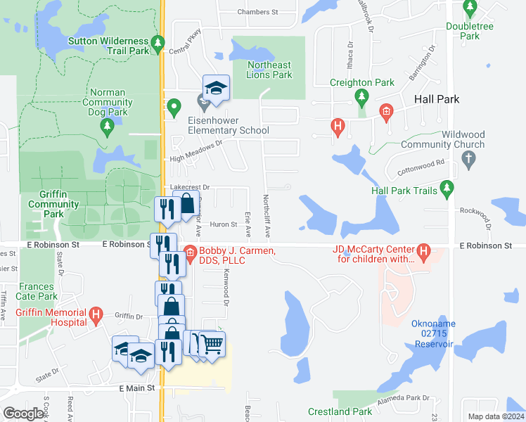 map of restaurants, bars, coffee shops, grocery stores, and more near 1238 Northcliff Avenue in Norman