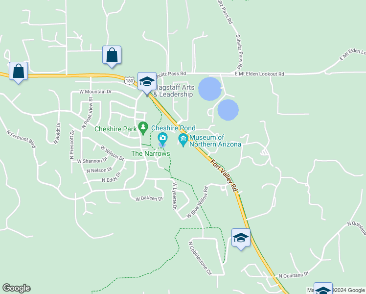 map of restaurants, bars, coffee shops, grocery stores, and more near 3101 North Fort Valley Road in Flagstaff