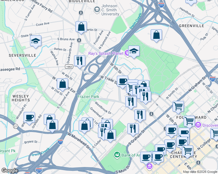map of restaurants, bars, coffee shops, grocery stores, and more near in Charlotte