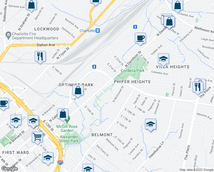 map of restaurants, bars, coffee shops, grocery stores, and more near in Charlotte
