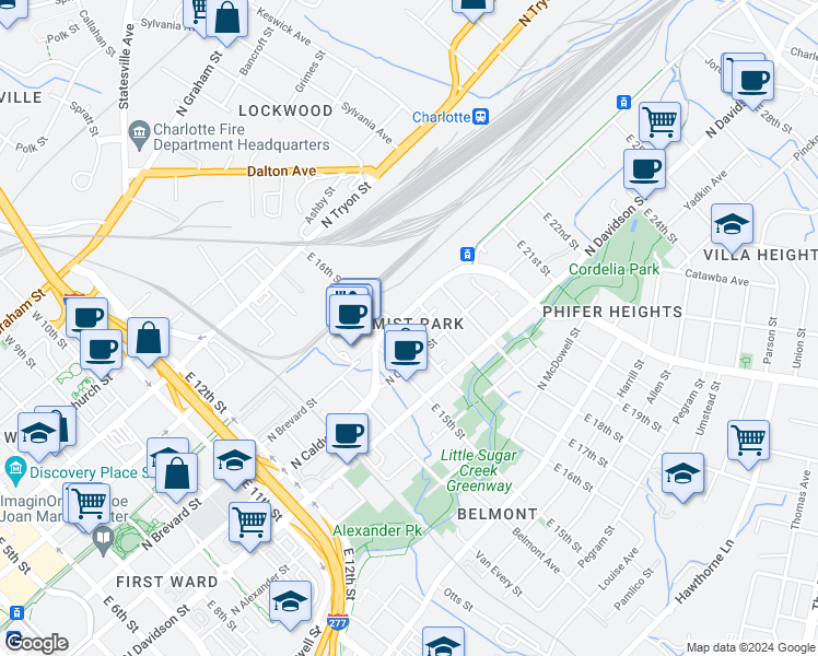 map of restaurants, bars, coffee shops, grocery stores, and more near 530 East 16th Street in Charlotte