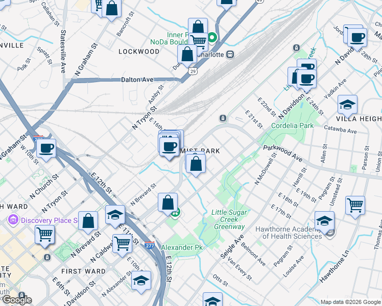 map of restaurants, bars, coffee shops, grocery stores, and more near in Charlotte