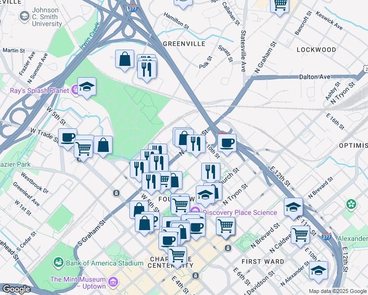 map of restaurants, bars, coffee shops, grocery stores, and more near 501 North Graham Street in Charlotte