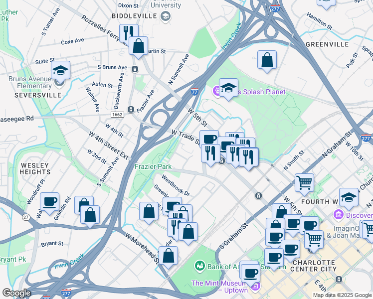map of restaurants, bars, coffee shops, grocery stores, and more near in Charlotte