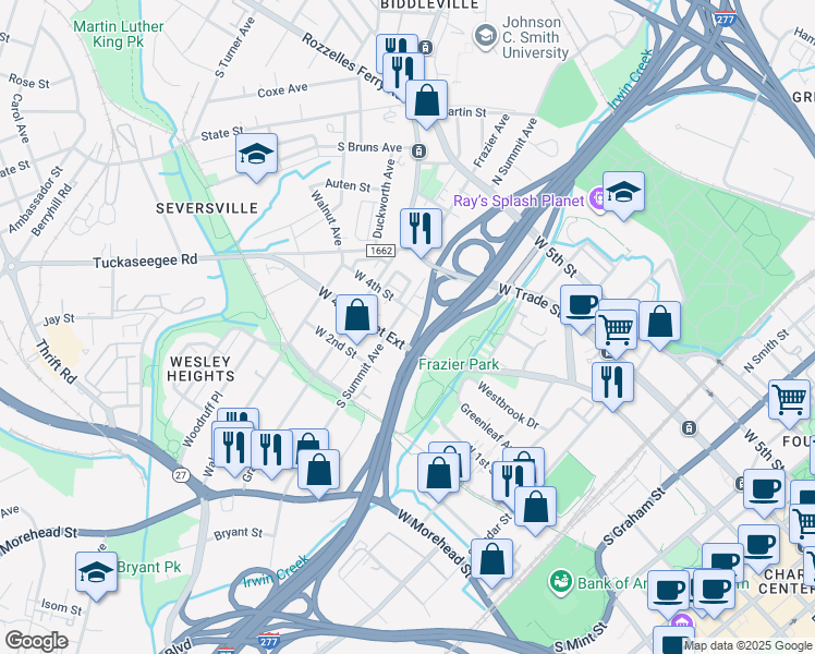 map of restaurants, bars, coffee shops, grocery stores, and more near in Charlotte
