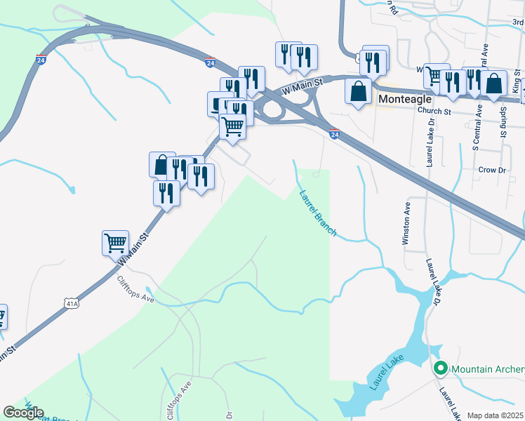 map of restaurants, bars, coffee shops, grocery stores, and more near 424 Indigo Lane in Monteagle