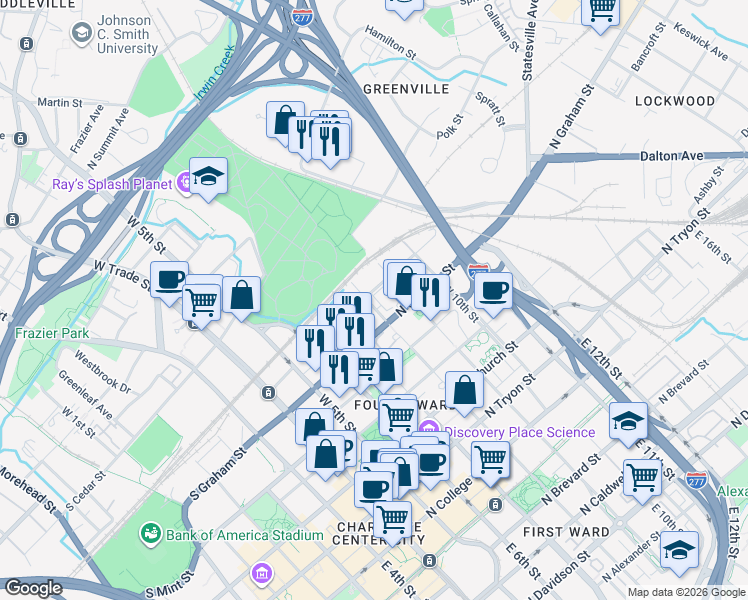 map of restaurants, bars, coffee shops, grocery stores, and more near 601 West 8th Street in Charlotte