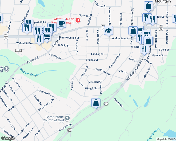map of restaurants, bars, coffee shops, grocery stores, and more near 415 Hawthorne Road in Kings Mountain