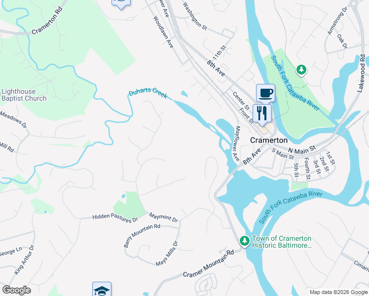 map of restaurants, bars, coffee shops, grocery stores, and more near 600 Maymont Drive in Cramerton