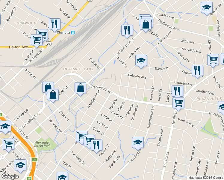 map of restaurants, bars, coffee shops, grocery stores, and more near 909 Parkwood Avenue in Charlotte