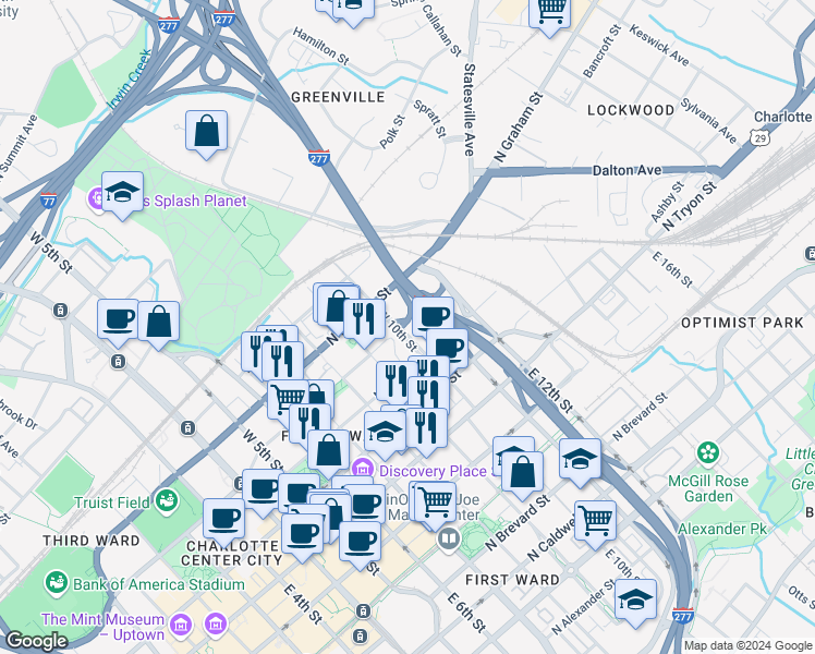 map of restaurants, bars, coffee shops, grocery stores, and more near 330 West 10th Street in Charlotte