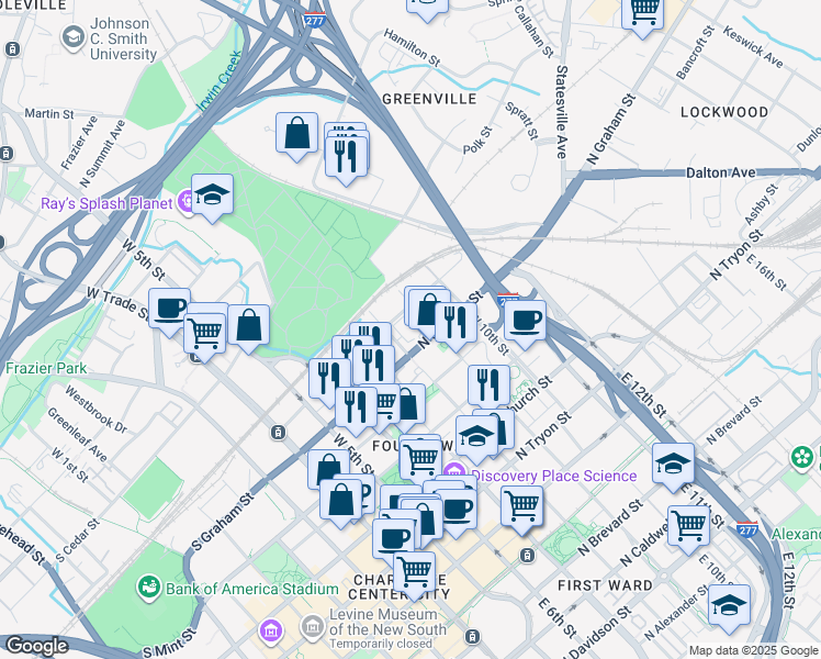 map of restaurants, bars, coffee shops, grocery stores, and more near in Charlotte