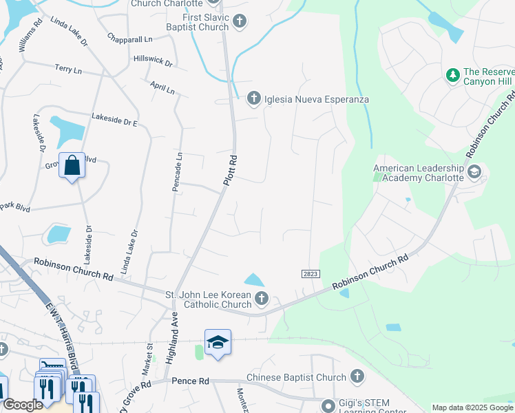 map of restaurants, bars, coffee shops, grocery stores, and more near 6931 Loretta Place in Charlotte
