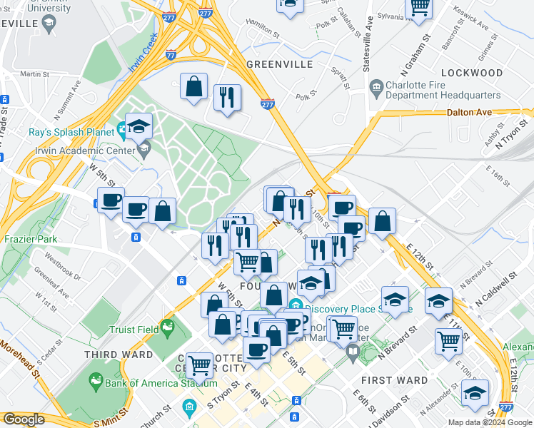 map of restaurants, bars, coffee shops, grocery stores, and more near 501 North Graham Street in Charlotte