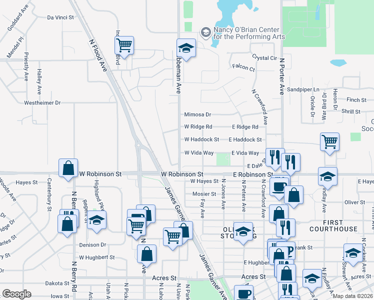 map of restaurants, bars, coffee shops, grocery stores, and more near 213 West Vida Way in Norman