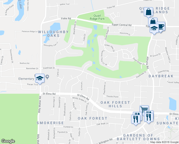 map of restaurants, bars, coffee shops, grocery stores, and more near 6210 Daybreak Drive in Bartlett