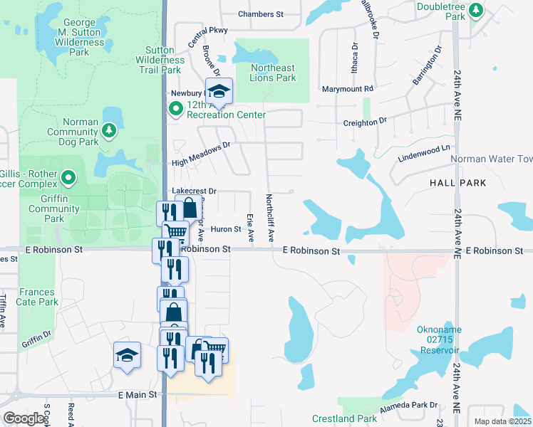 map of restaurants, bars, coffee shops, grocery stores, and more near 1306 Northcliff Avenue in Norman