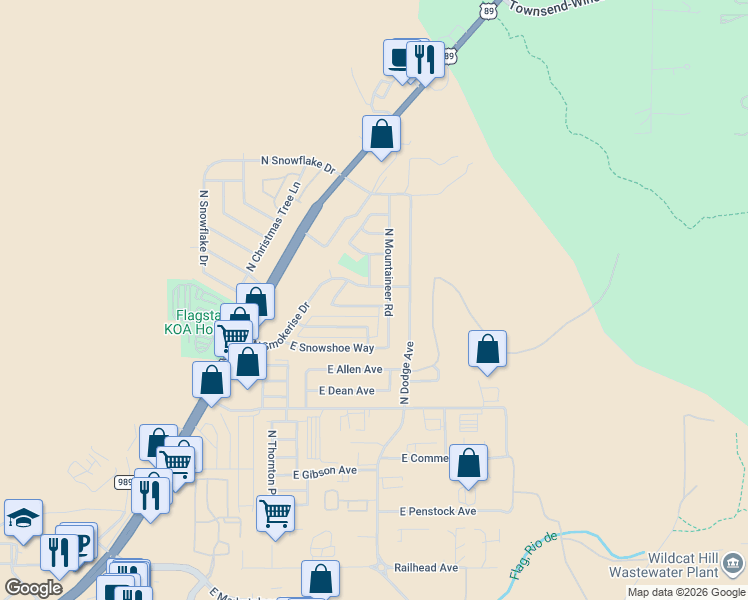 map of restaurants, bars, coffee shops, grocery stores, and more near 6090 North Smokerise Drive in Flagstaff