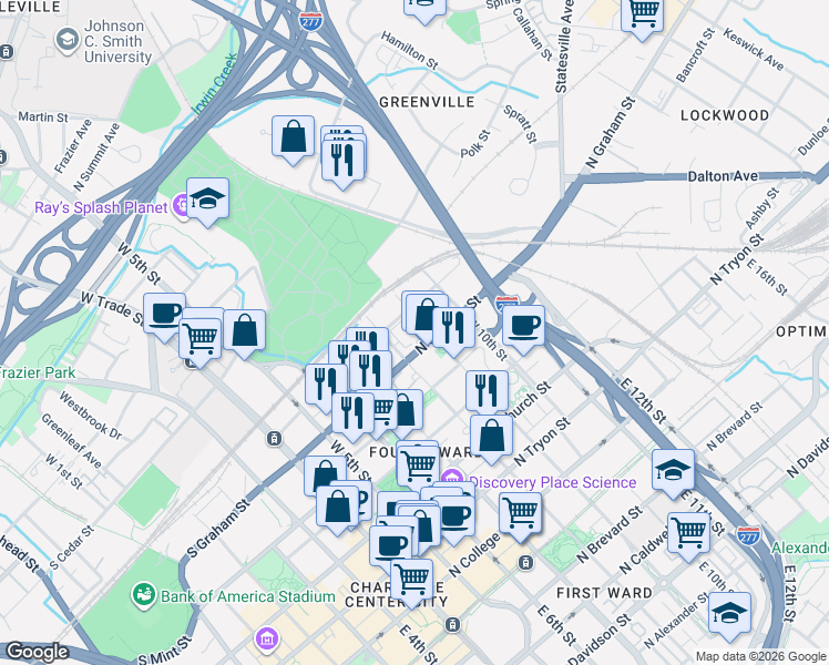 map of restaurants, bars, coffee shops, grocery stores, and more near in Charlotte