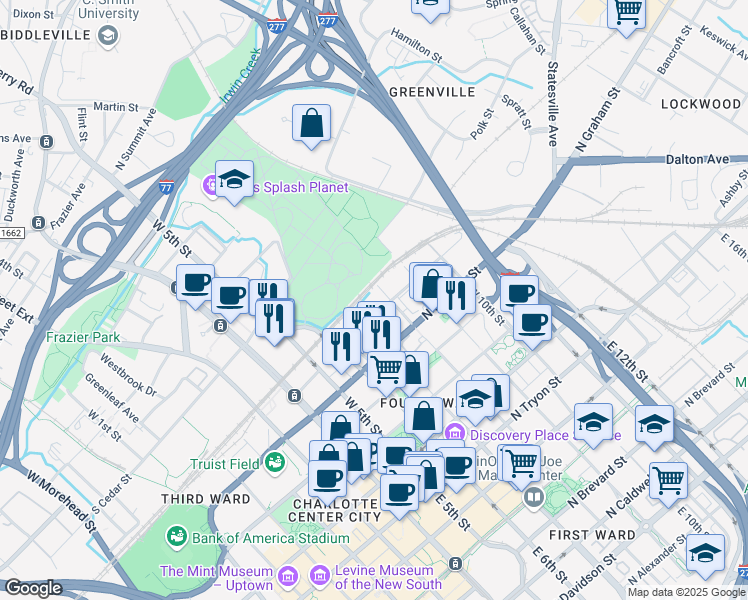 map of restaurants, bars, coffee shops, grocery stores, and more near 601 West 8th Street in Charlotte