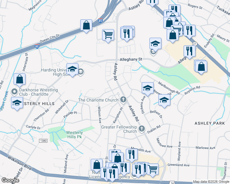 map of restaurants, bars, coffee shops, grocery stores, and more near 2027 Heywood Avenue in Charlotte