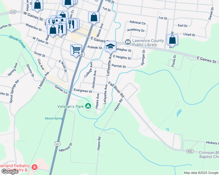 map of restaurants, bars, coffee shops, grocery stores, and more near 301 Fall River Road in Lawrenceburg