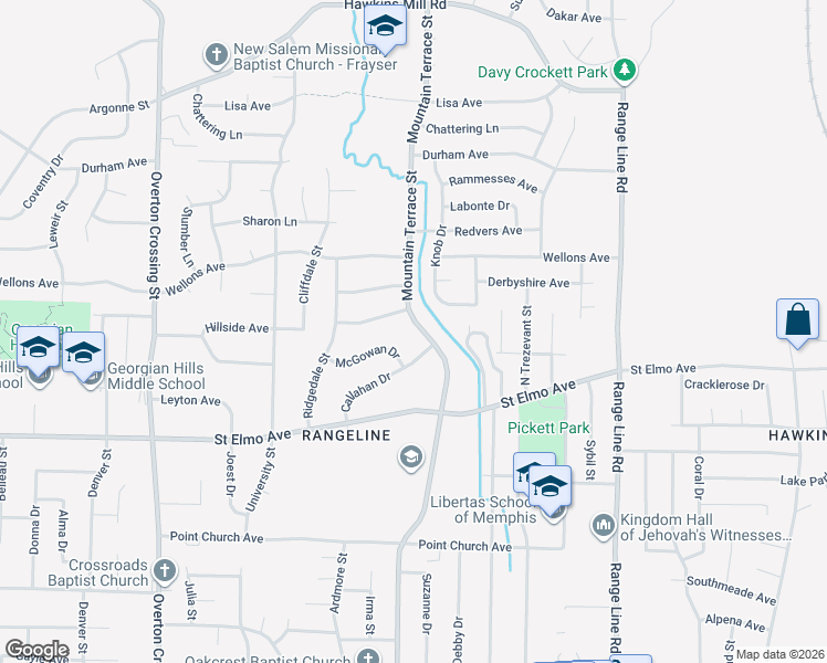 map of restaurants, bars, coffee shops, grocery stores, and more near 4023 Mountain Terrace Street in Memphis