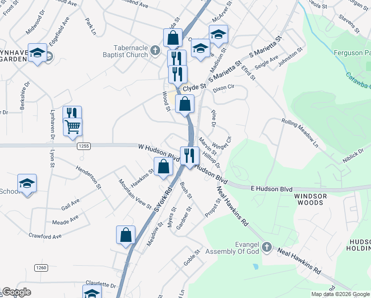 map of restaurants, bars, coffee shops, grocery stores, and more near 2205 South York Road in Gastonia